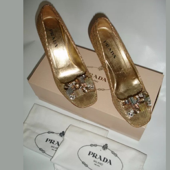 Prada Gold Metallic Python Open Toe Heels Size 37 - Picture 3 of 8